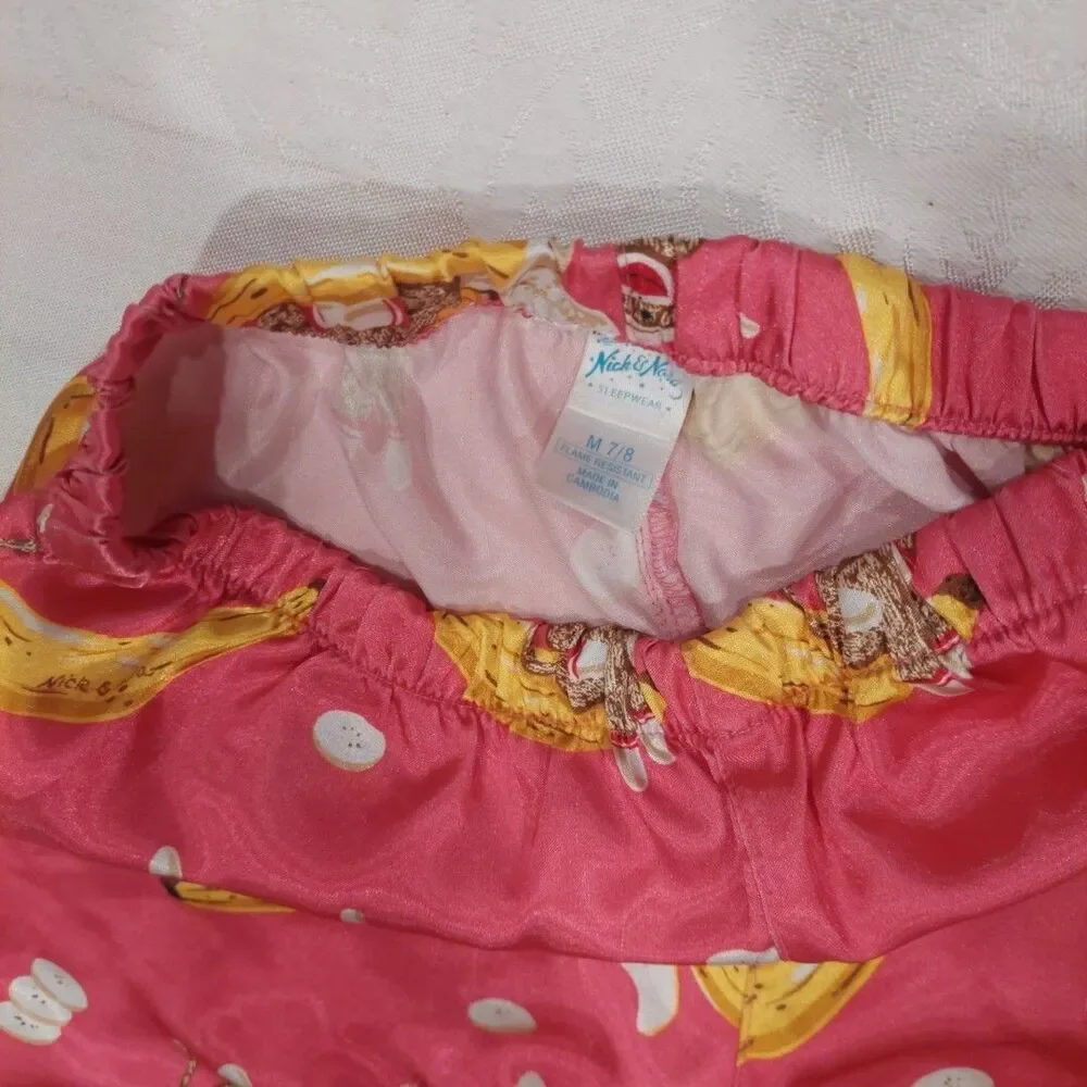 NICK & NORA Girl's PInk Sock Monkey Satin Pajama Size Medium (7-8) EUC